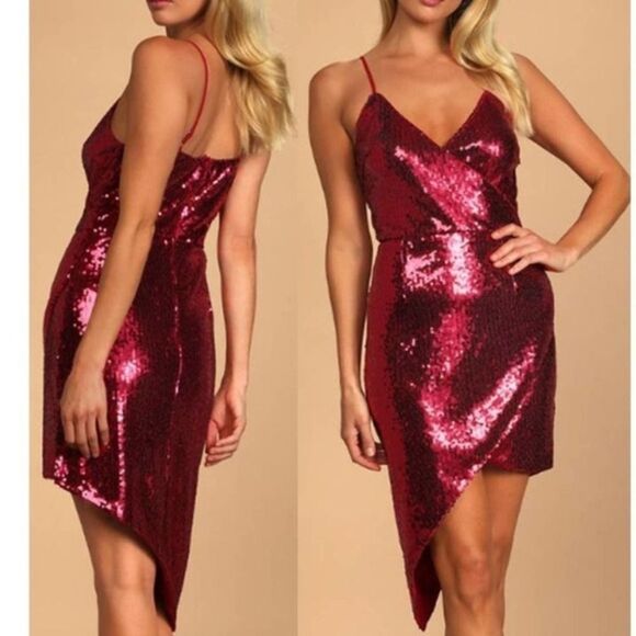 Lulu's Women's Bodycon Cocktail Dress Lined Sequin Asymmetrical Wine Red Small - Picture 2 of 4